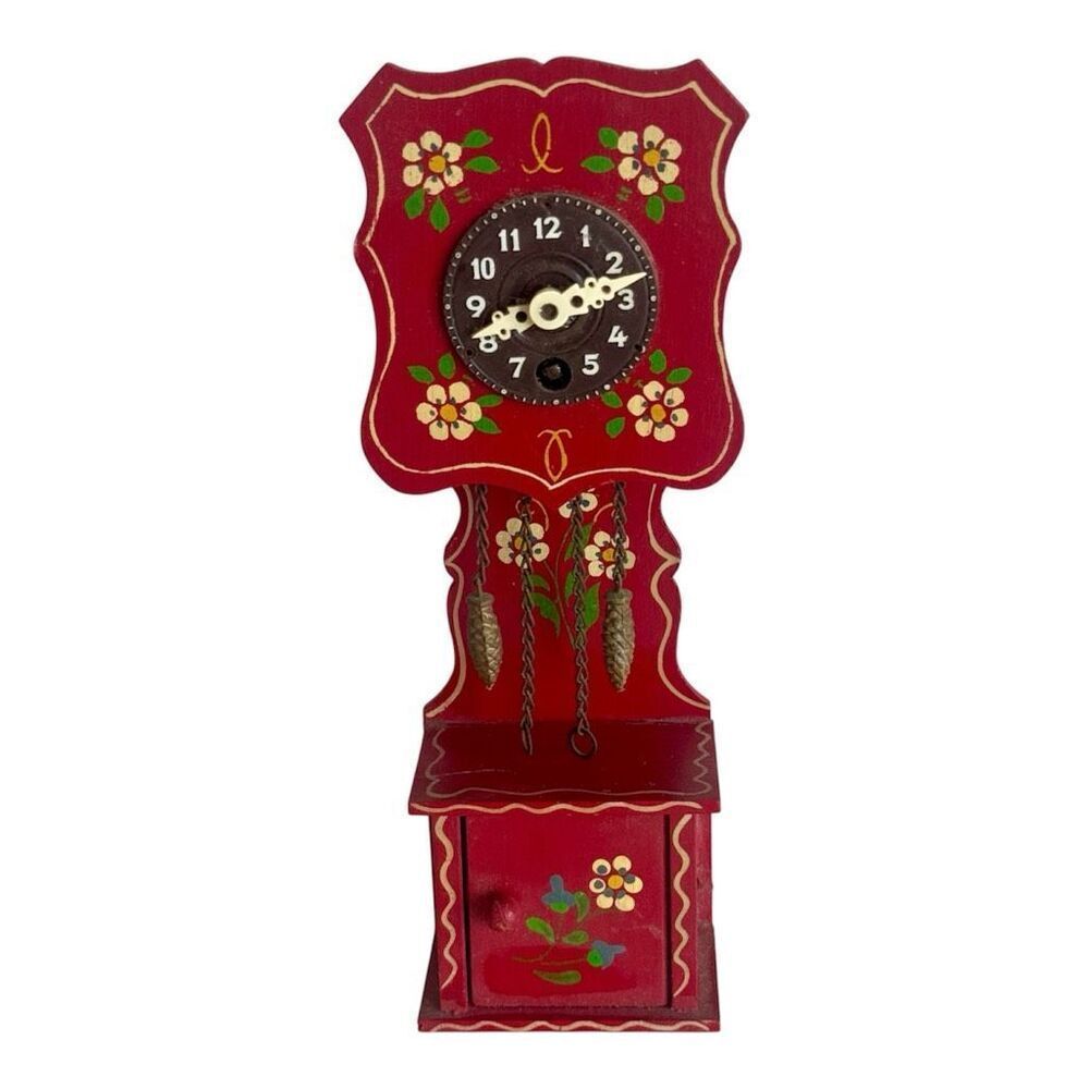 Vintage Hand-Painted German Miniature Wall Clock Josef Hauser Floral Folk Art